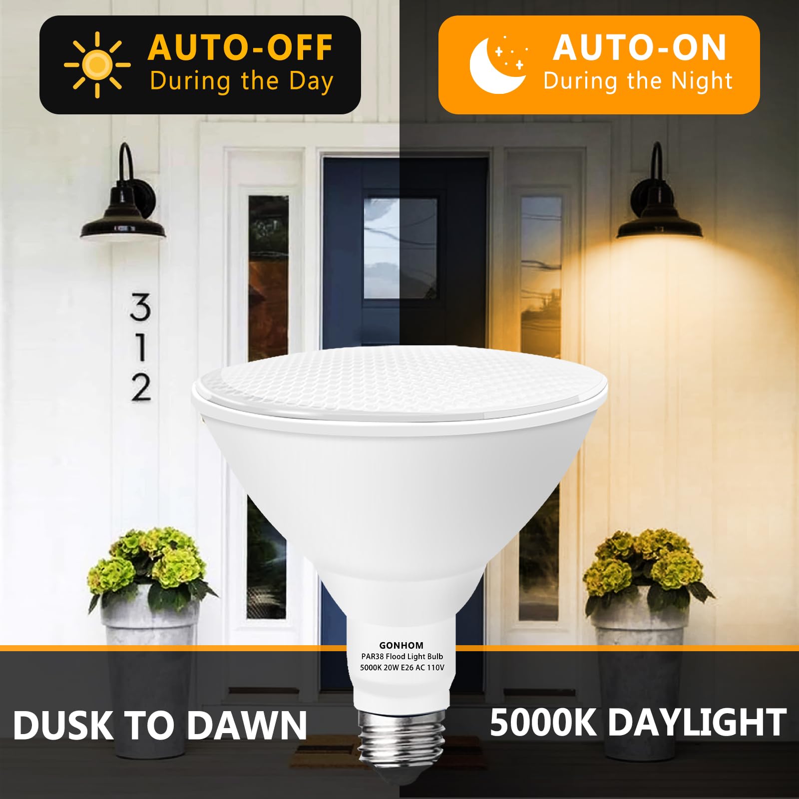 Gonhom Par38 LED Dusk to Dawn Flood Light Bulbs Outdoor,20W